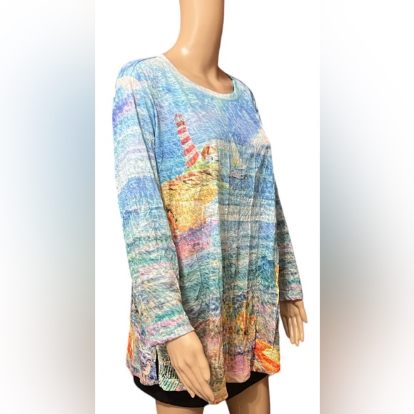 NWT Ali Miles Burn Out Crinkle Knit Plus Sz 3/4 Sleeve Hi-Low Hem Printed Tunic - Picture 2 of 9